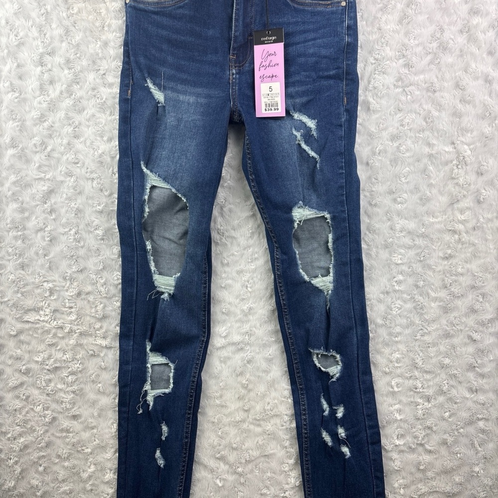 Refuge Jeans Womens Ultra High Rise Skinny Size 5 Dark Blue Wash Distressed